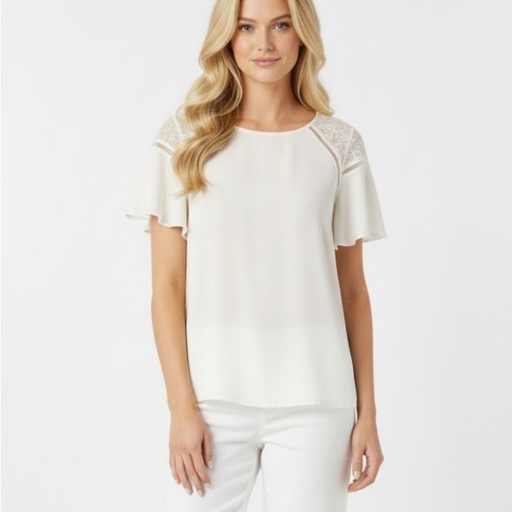 Dynamite White Romantic Lace Accent Short Sleeve Crewneck Blouse Size Small